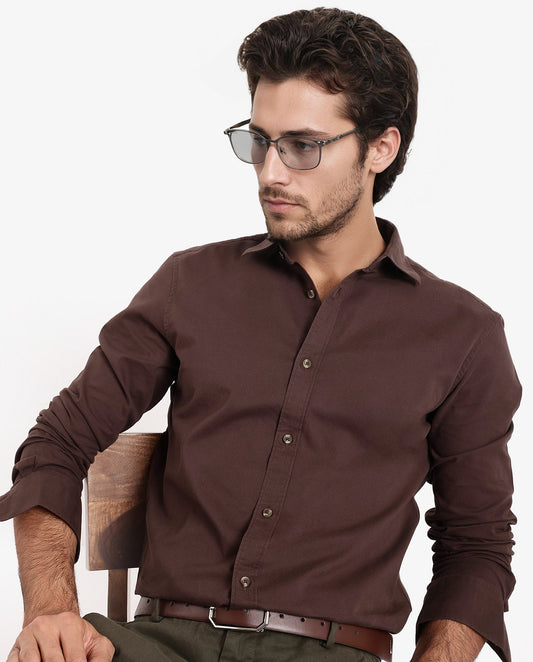 Rare Rabbit Men's Arlet Brown Cotton Plain Regular Fit Full Sleeve Collared Shirt