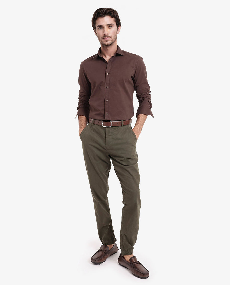Rare Rabbit Men's Arlet Brown Cotton Plain Regular Fit Full Sleeve Collared Shirt