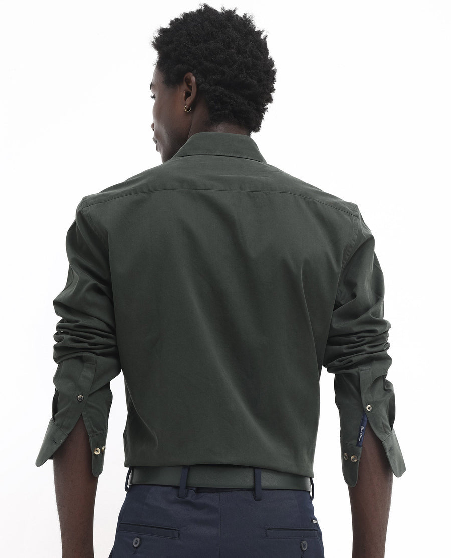 Rare Rabbit Men's Arlet Dark Green Cotton Plain Regular Fit Full Sleeve Collared Shirt
