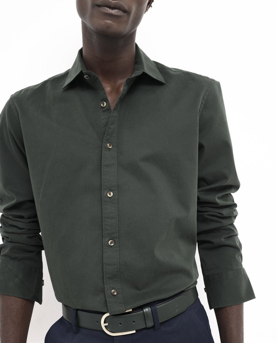 Rare Rabbit Men's Arlet Dark Green Cotton Plain Regular Fit Full Sleeve Collared Shirt