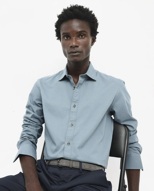 Rare Rabbit Men's Arlet Dusky Blue Cotton Plain Regular Fit Full Sleeve Collared Shirt