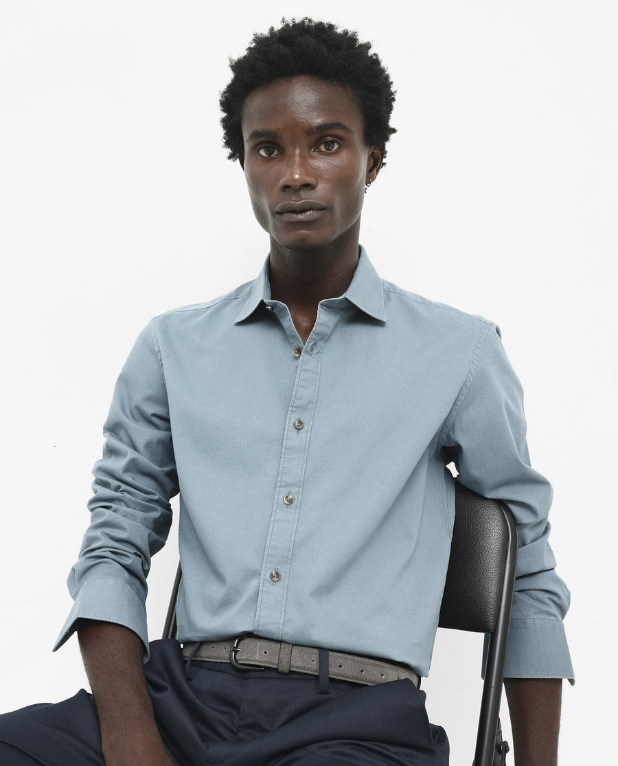 Rare Rabbit Men's Arlet Dusky Blue Cotton Plain Regular Fit Full Sleeve Collared Shirt