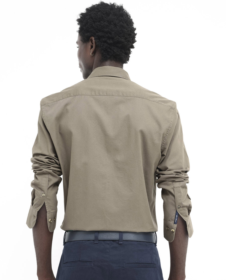 Rare Rabbit Men's Arlet Khaki Cotton Plain Regular Fit Full Sleeve Collared Shirt