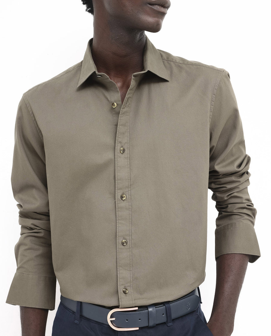 Rare Rabbit Men's Arlet Khaki Cotton Plain Regular Fit Full Sleeve Collared Shirt