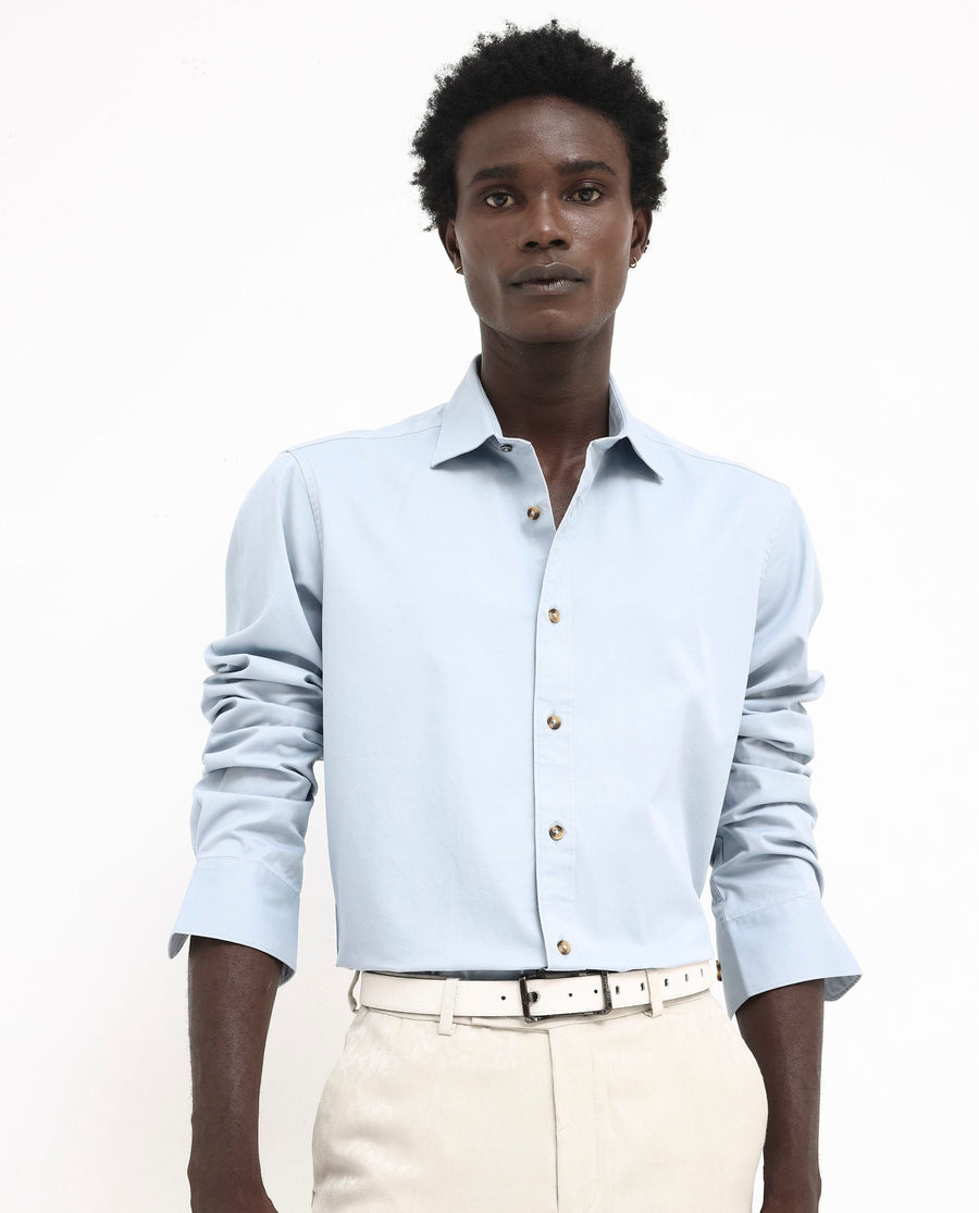 Rare Rabbit Men's Arlet Light Blue Cotton Plain Regular Fit Full Sleeve Collared Shirt