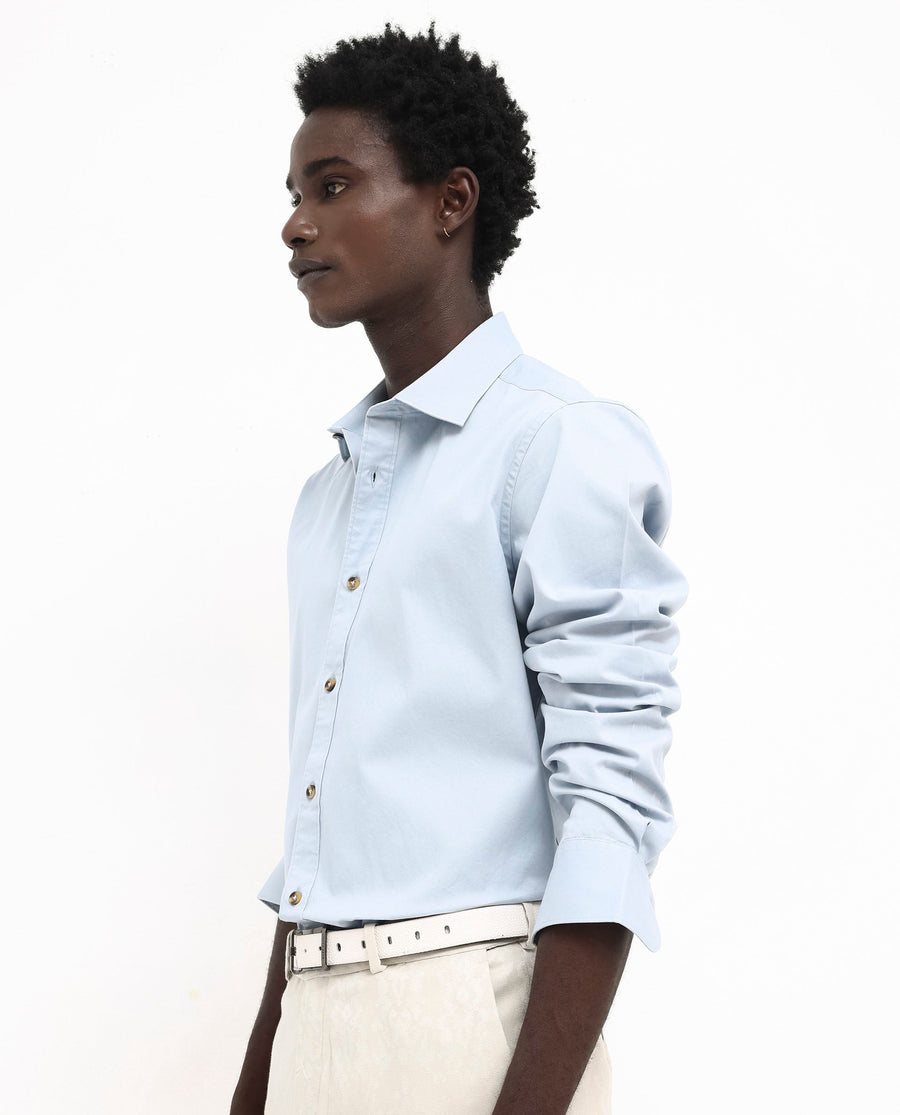 Rare Rabbit Men's Arlet Light Blue Cotton Plain Regular Fit Full Sleeve Collared Shirt