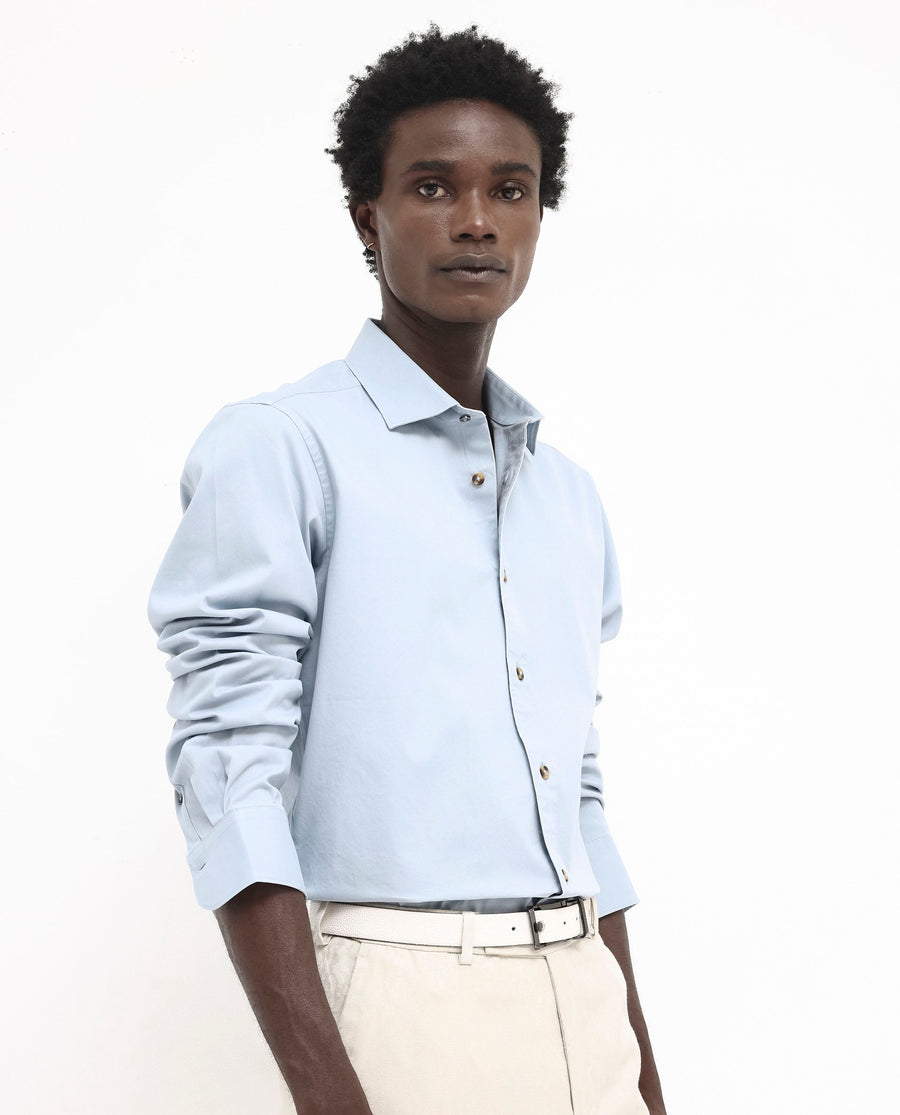 Rare Rabbit Men's Arlet Light Blue Cotton Plain Regular Fit Full Sleeve Collared Shirt