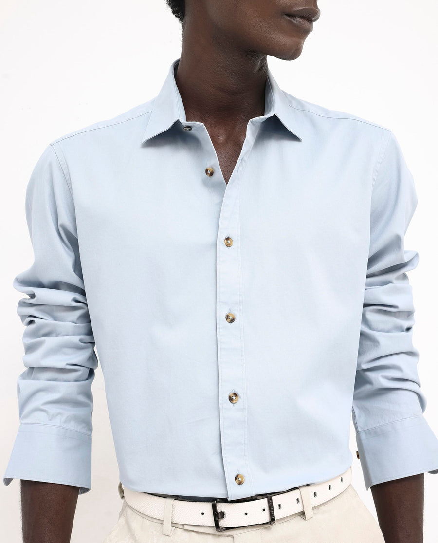 Rare Rabbit Men's Arlet Light Blue Cotton Plain Regular Fit Full Sleeve Collared Shirt