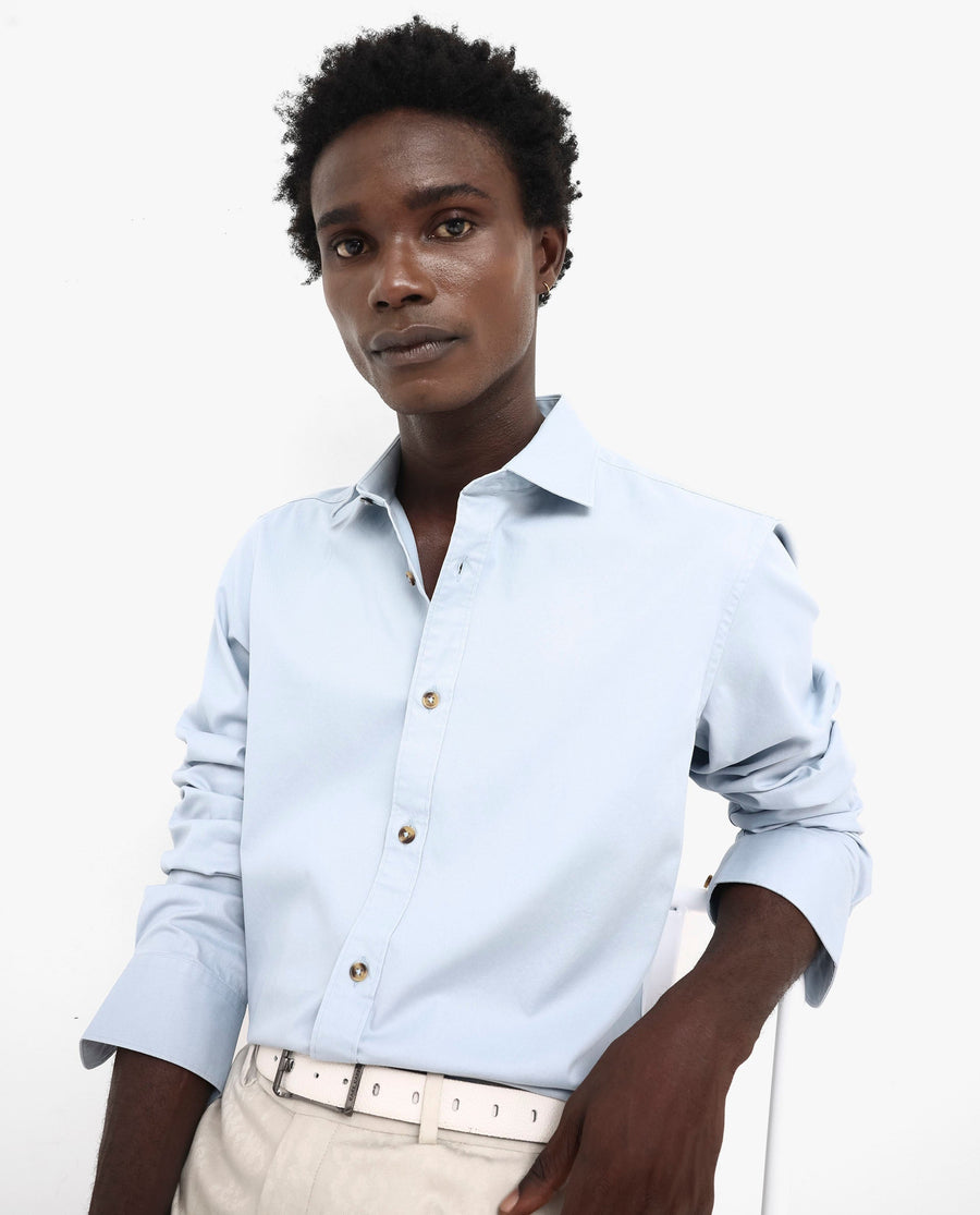Rare Rabbit Men's Arlet Light Blue Cotton Plain Regular Fit Full Sleeve Collared Shirt