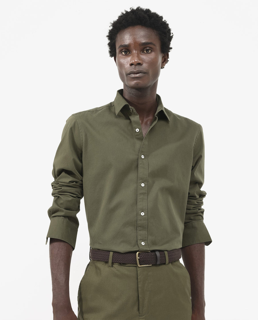 Rare Rabbit Men's Arlet Olive Cotton Plain Regular Fit Full Sleeve Collared Shirt