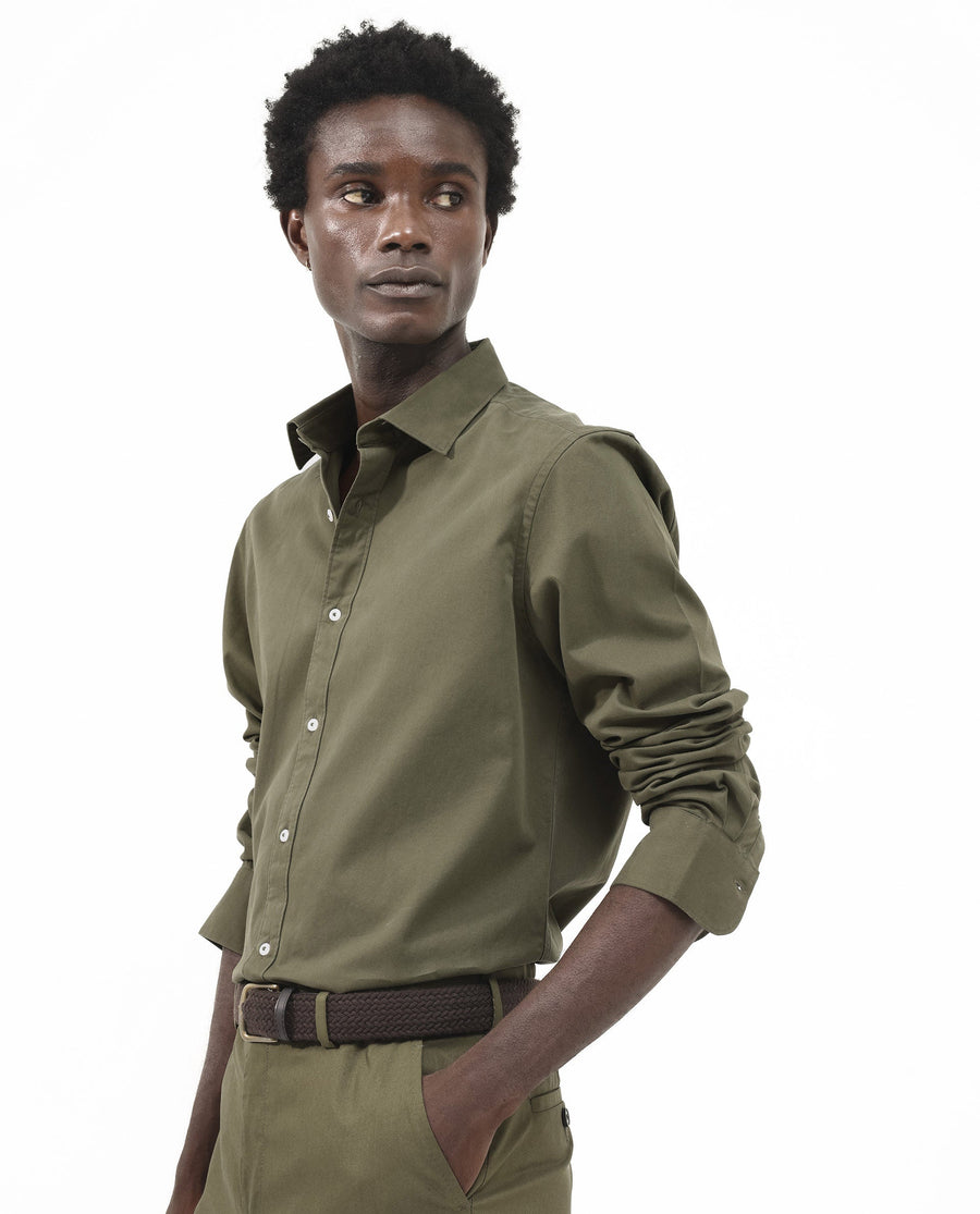 Rare Rabbit Men's Arlet Olive Cotton Plain Regular Fit Full Sleeve Collared Shirt