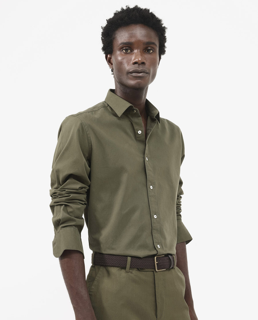Rare Rabbit Men's Arlet Olive Cotton Plain Regular Fit Full Sleeve Collared Shirt