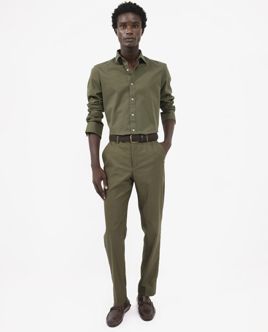 Rare Rabbit Men's Arlet Olive Cotton Plain Regular Fit Full Sleeve Collared Shirt