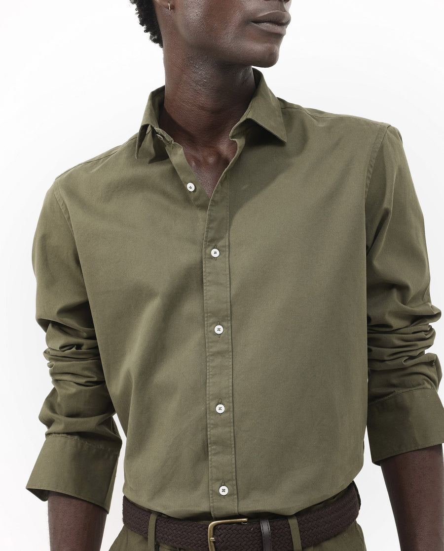 Rare Rabbit Men's Arlet Olive Cotton Plain Regular Fit Full Sleeve Collared Shirt
