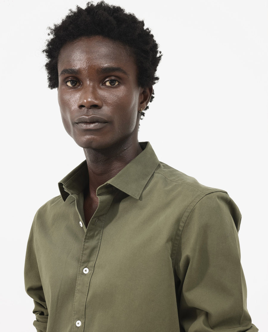 Rare Rabbit Men's Arlet Olive Cotton Plain Regular Fit Full Sleeve Collared Shirt