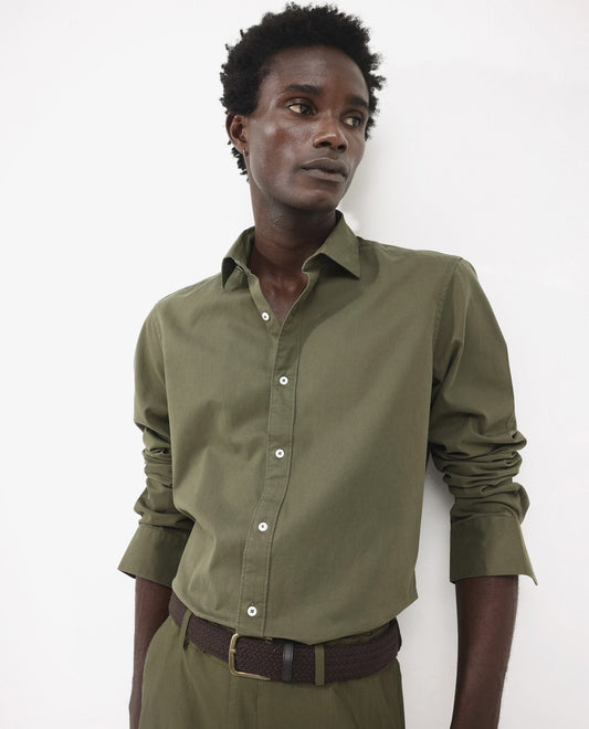 Rare Rabbit Men's Arlet Olive Cotton Plain Regular Fit Full Sleeve Collared Shirt