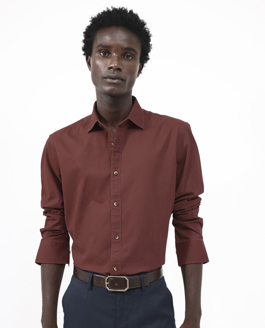Rare Rabbit Men's Arlet Red Cotton Plain Regular Fit Full Sleeve Collared Shirt