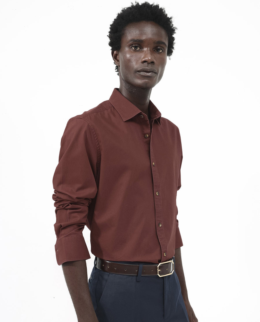 Rare Rabbit Men's Arlet Red Cotton Plain Regular Fit Full Sleeve Collared Shirt