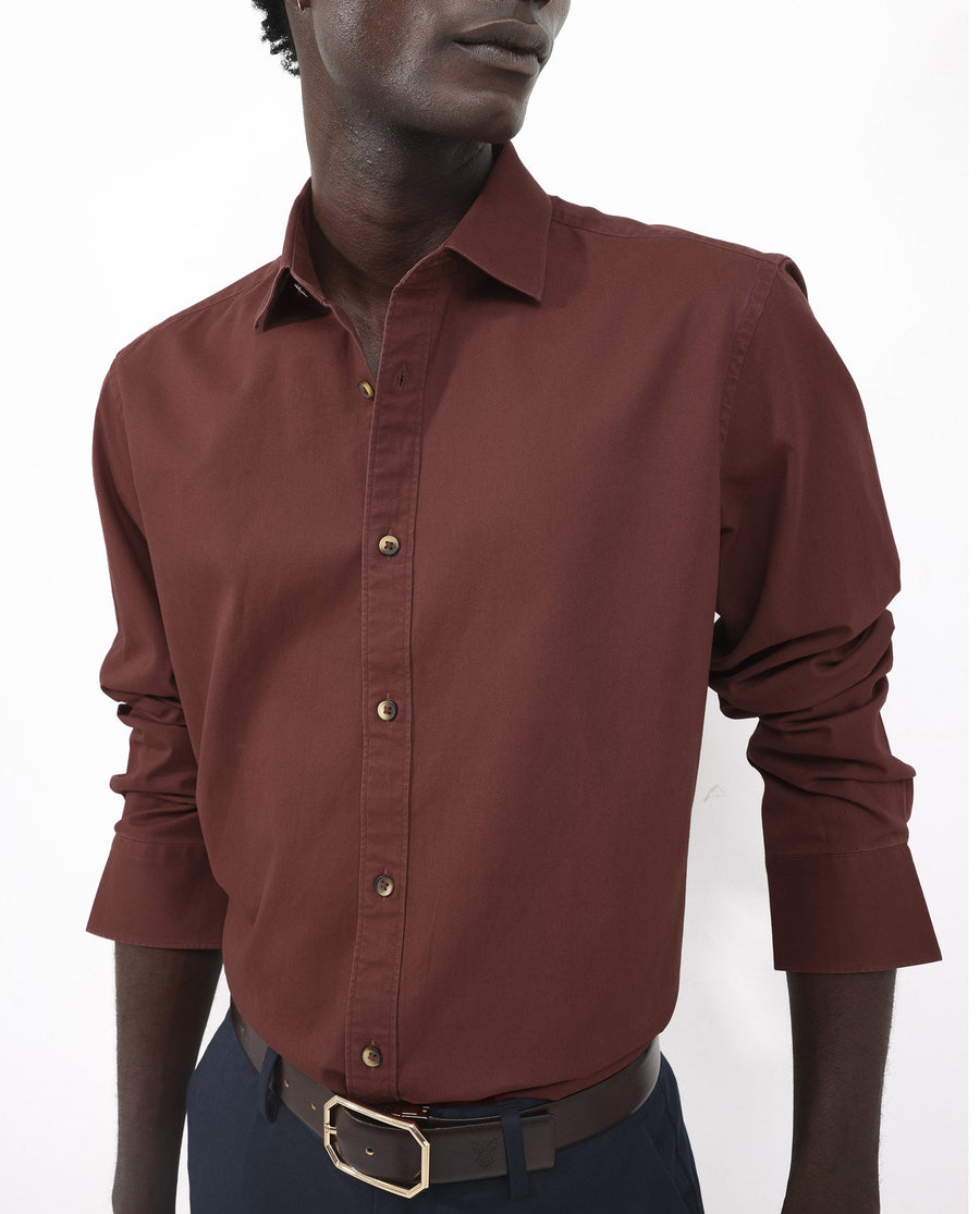 Rare Rabbit Men's Arlet Red Cotton Plain Regular Fit Full Sleeve Collared Shirt
