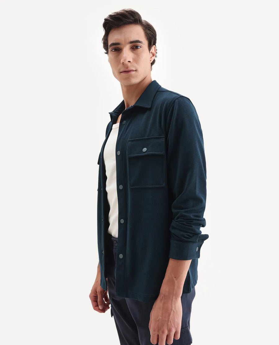 Rare Rabbit Men's Arlington-25 Teal Polyester Blend Fabric Collared Neck Regular Fit Plain Jacket