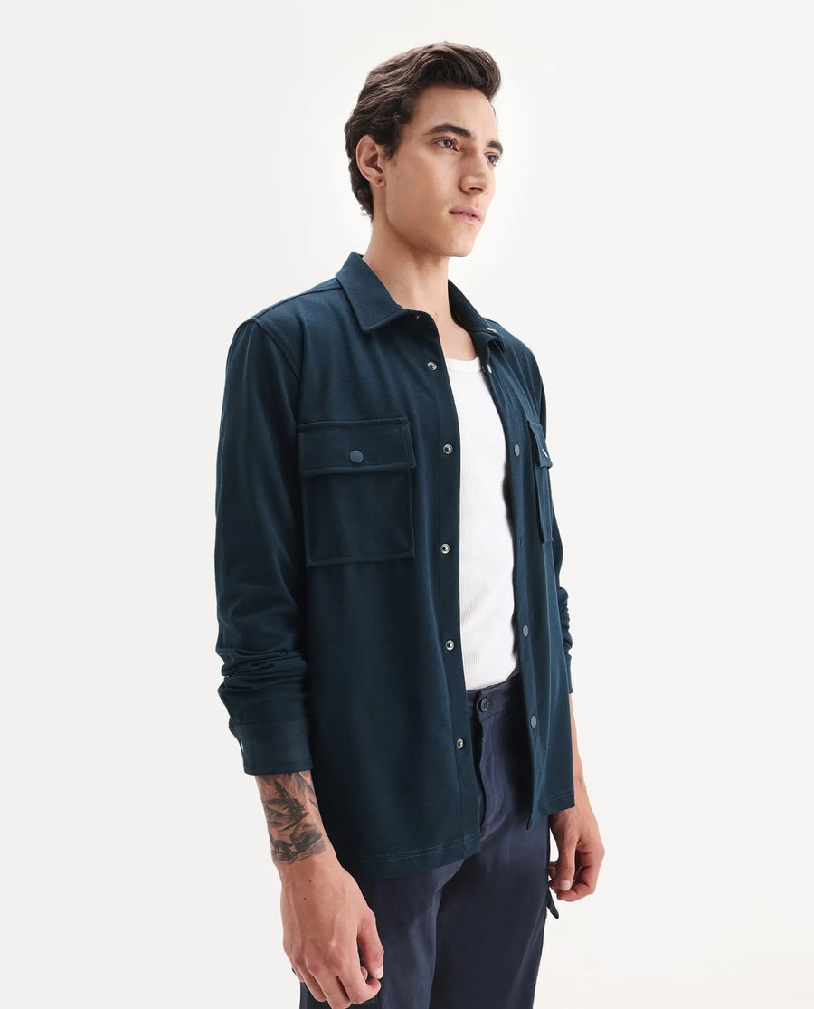 Rare Rabbit Men's Arlington-25 Teal Polyester Blend Fabric Collared Neck Regular Fit Plain Jacket