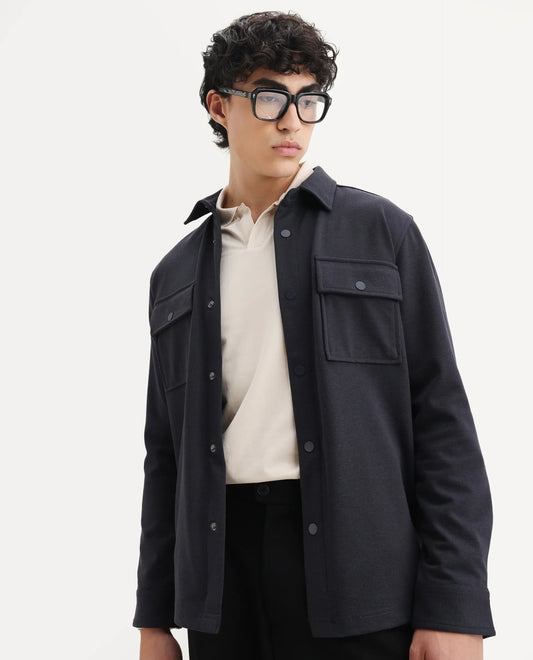 Rare Rabbit Men's Arlington-25 Dark Grey Polyester Blend Fabric Collared Neck Regular Fit Plain Jacket