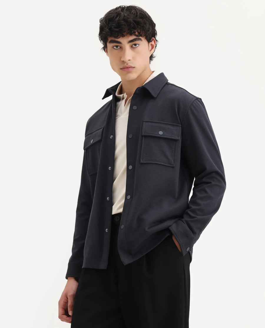 Rare Rabbit Men's Arlington-25 Dark Grey Polyester Blend Fabric Collared Neck Regular Fit Plain Jacket