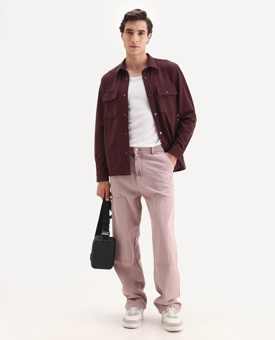 Rare Rabbit Men's Arlington-25 Dark Red Polyester Blend Fabric Collared Neck Regular Fit Plain Jacket