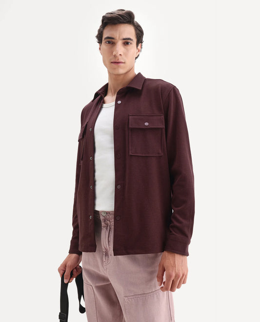 Rare Rabbit Men's Arlington-25 Dark Red Polyester Blend Fabric Collared Neck Regular Fit Plain Jacket