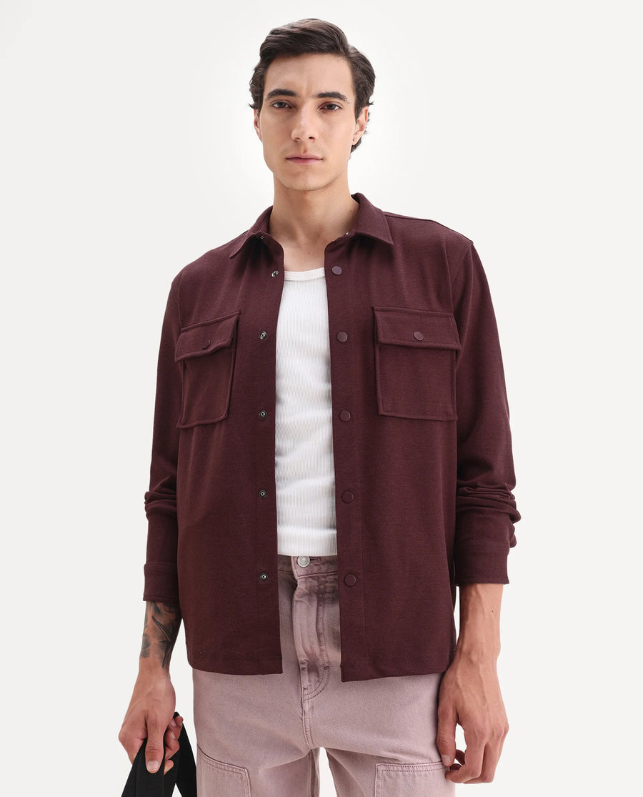 Rare Rabbit Men's Arlington-25 Dark Red Polyester Blend Fabric Collared Neck Regular Fit Plain Jacket