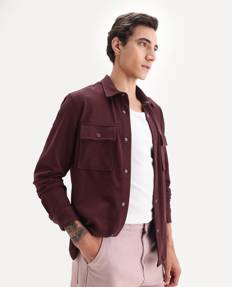 Rare Rabbit Men's Arlington-25 Dark Red Polyester Blend Fabric Collared Neck Regular Fit Plain Jacket