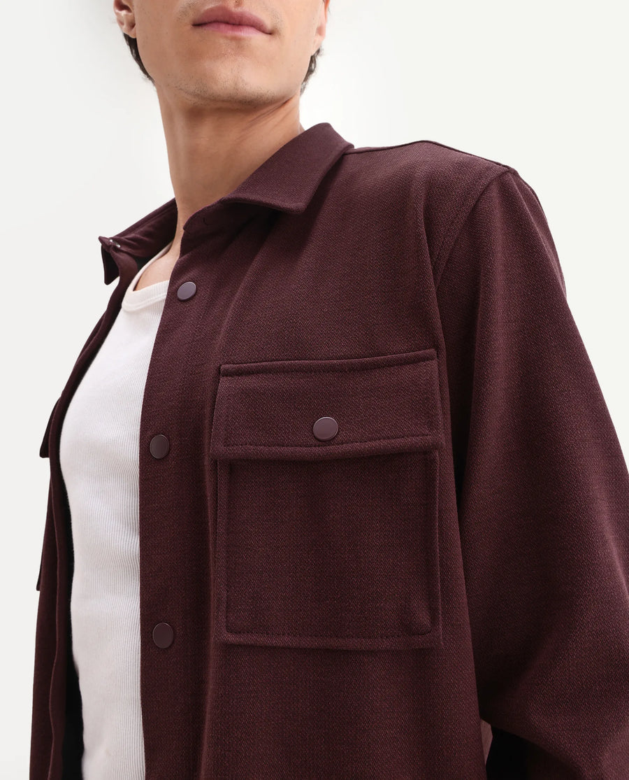 Rare Rabbit Men's Arlington-25 Dark Red Polyester Blend Fabric Collared Neck Regular Fit Plain Jacket