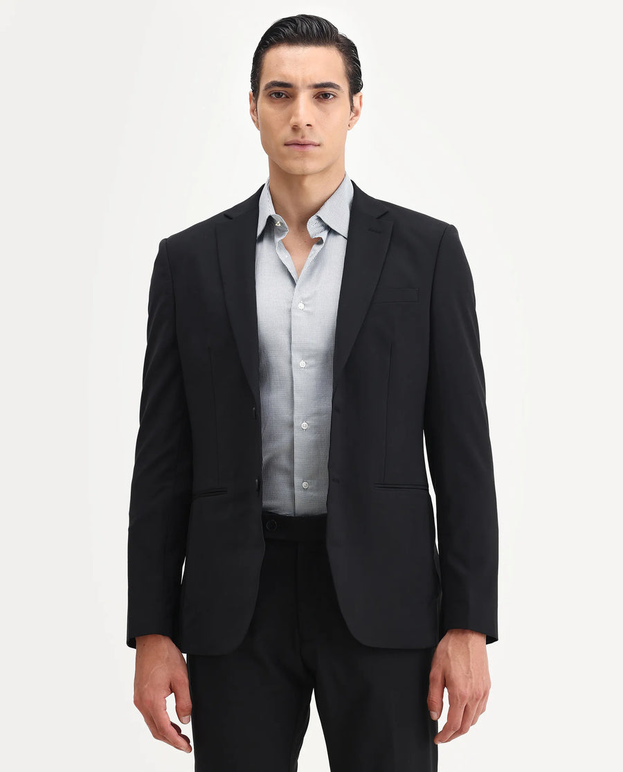 Rare Rabbit Men's Arlo-B Black Cotton Plain Slim Fit Full Sleeve Lapel Neck Suits