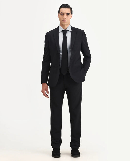 Rare Rabbit Men's Arlo-B Black Cotton Plain Slim Fit Full Sleeve Lapel Neck Suits