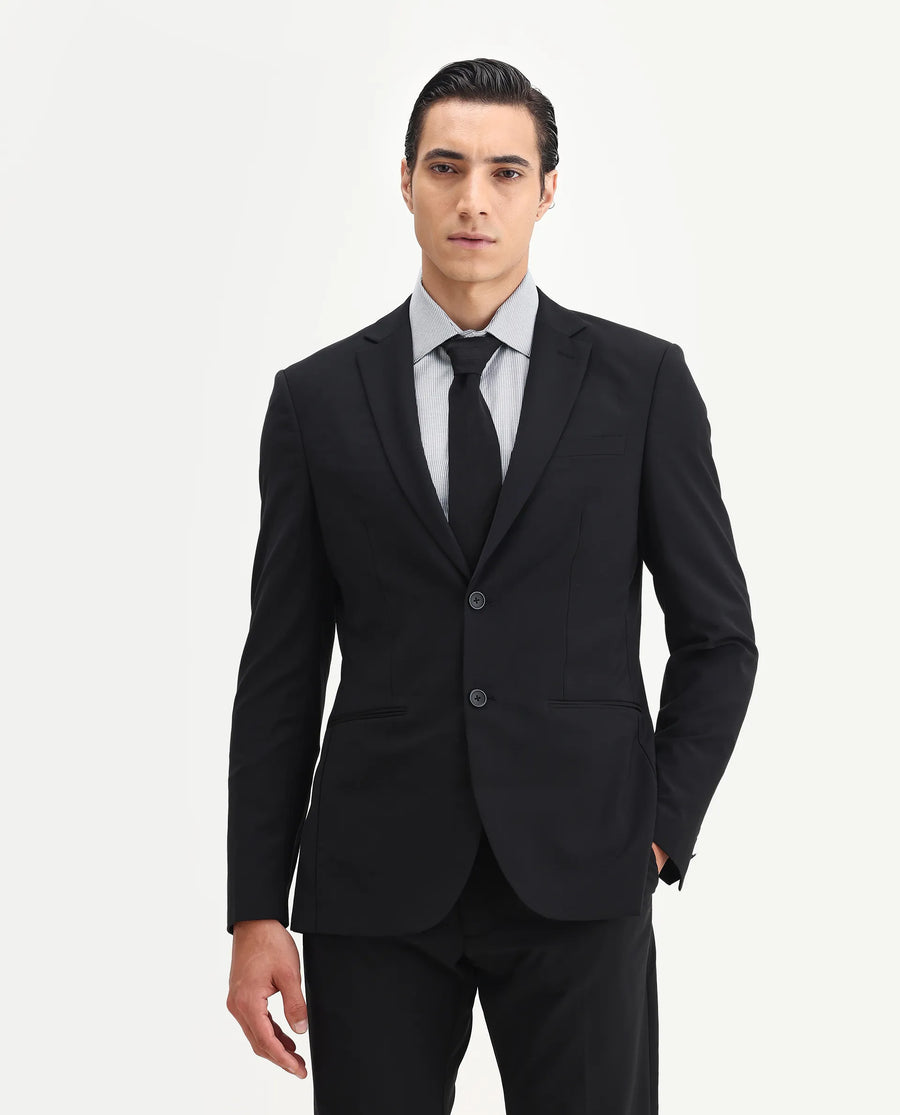 Rare Rabbit Men's Arlo-B Black Cotton Plain Slim Fit Full Sleeve Lapel Neck Suits
