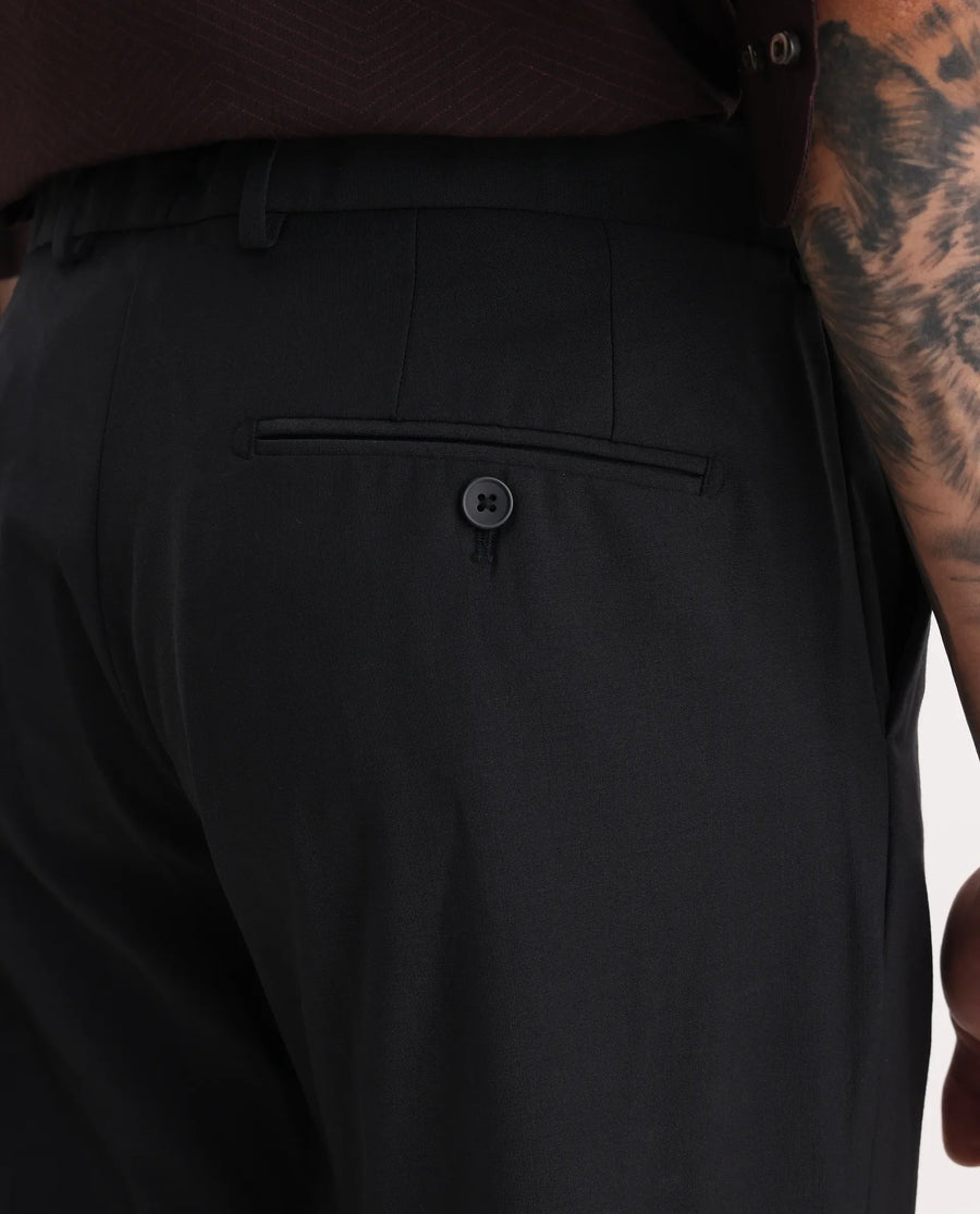 Rare Rabbit Men's Arlo Black Cotton Plain Regular Fit Trouser