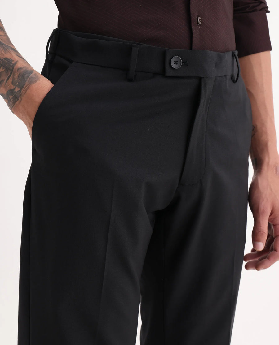 Rare Rabbit Men's Arlo Black Cotton Plain Regular Fit Trouser