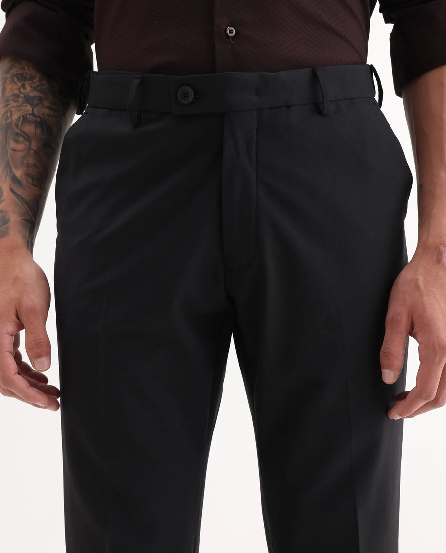 Rare Rabbit Men's Arlo Black Cotton Plain Regular Fit Trouser