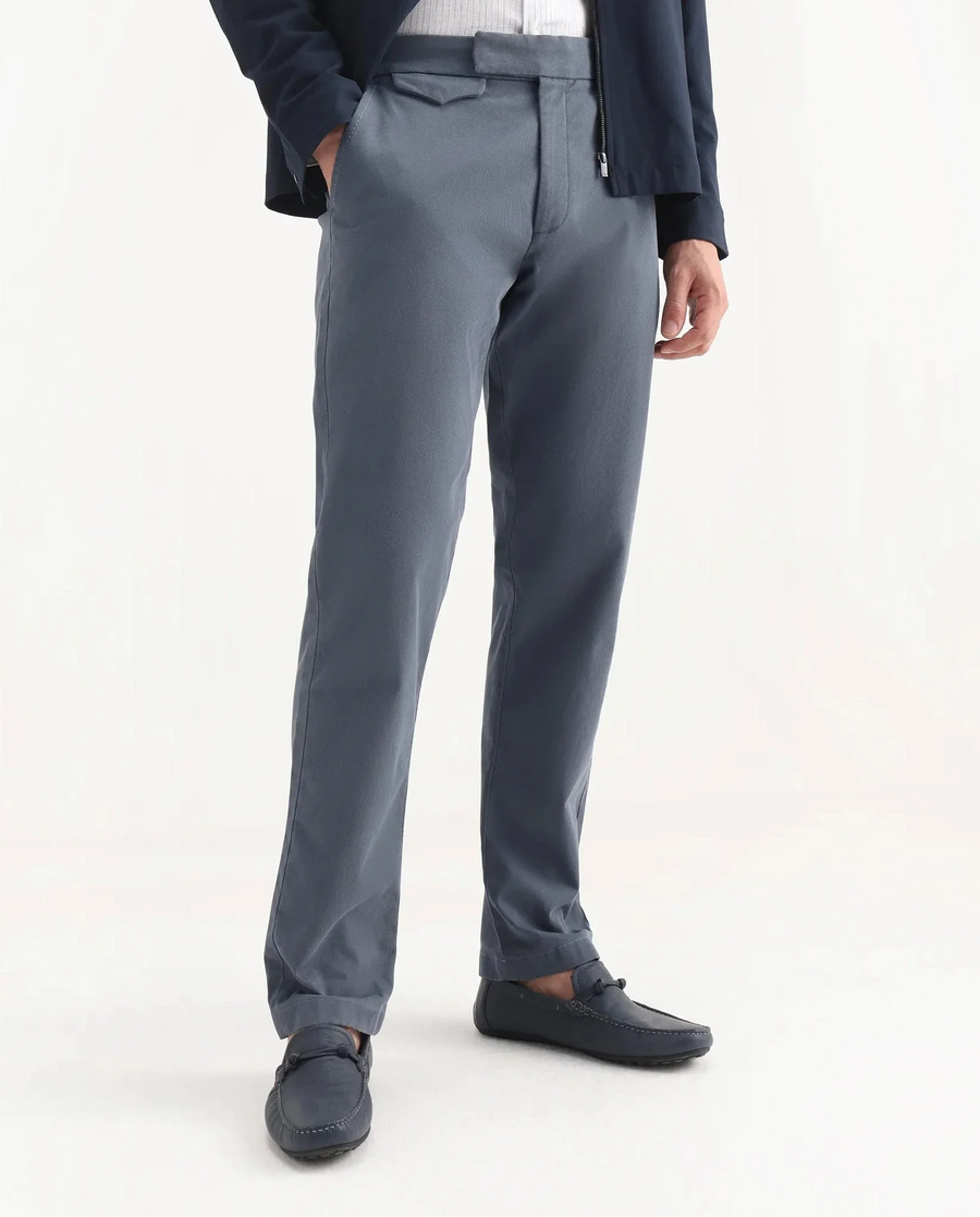 Rare Rabbit Men's Arne Dusky Blue Cotton Blend Plain Regular Fit Trouser