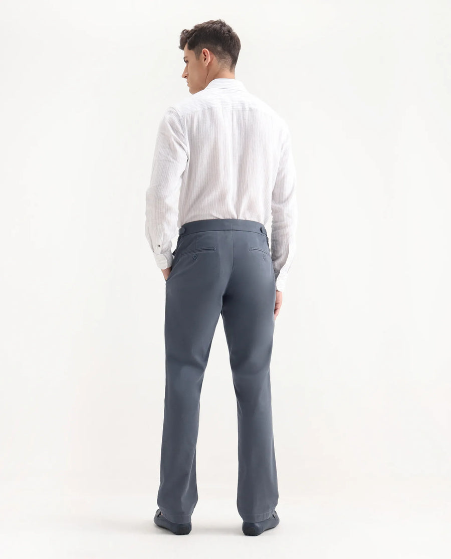 Rare Rabbit Men's Arne Dusky Blue Cotton Blend Plain Regular Fit Trouser