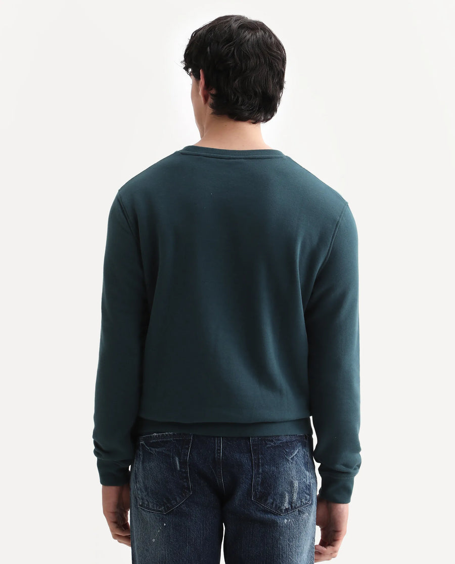 Rare Rabbit Men's Arnold Teal Cotton Embroidered Regular Fit Full Sleeve Crew Neck Sweatshirt
