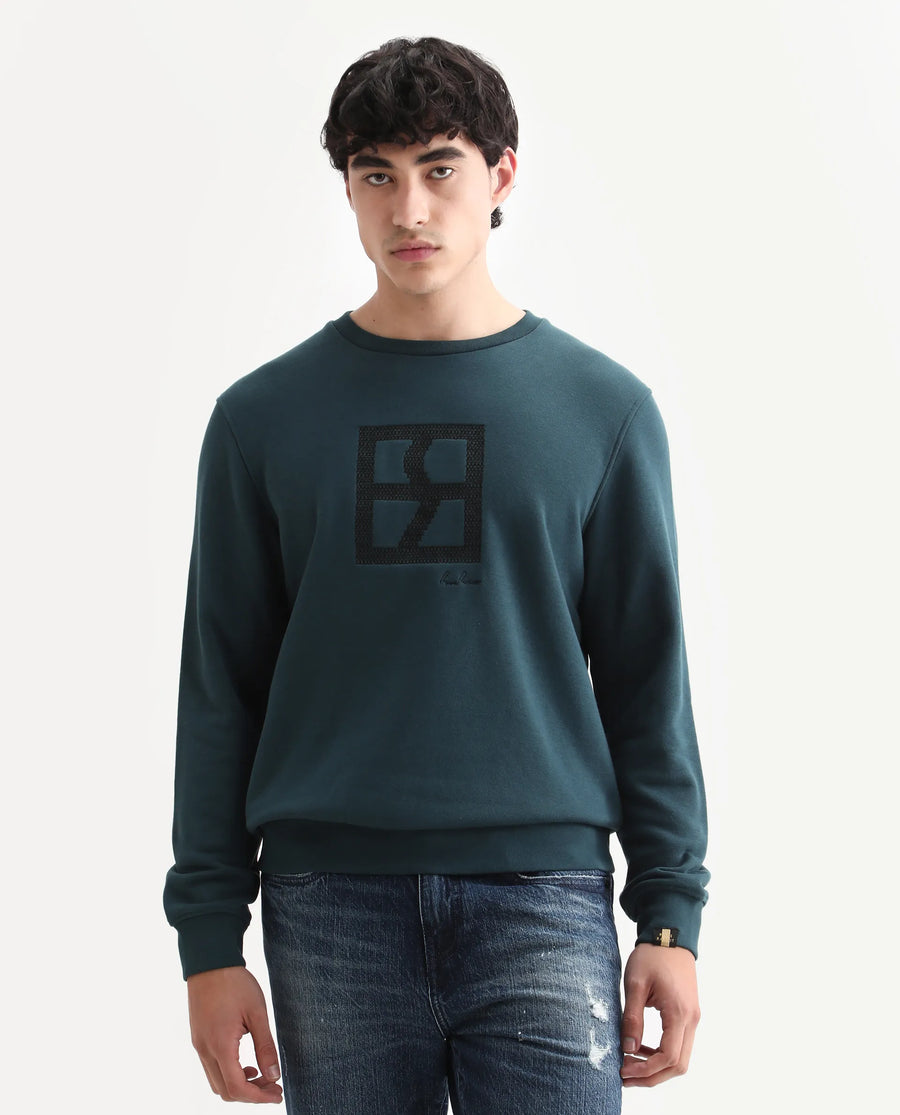 Rare Rabbit Men's Arnold Teal Cotton Embroidered Regular Fit Full Sleeve Crew Neck Sweatshirt