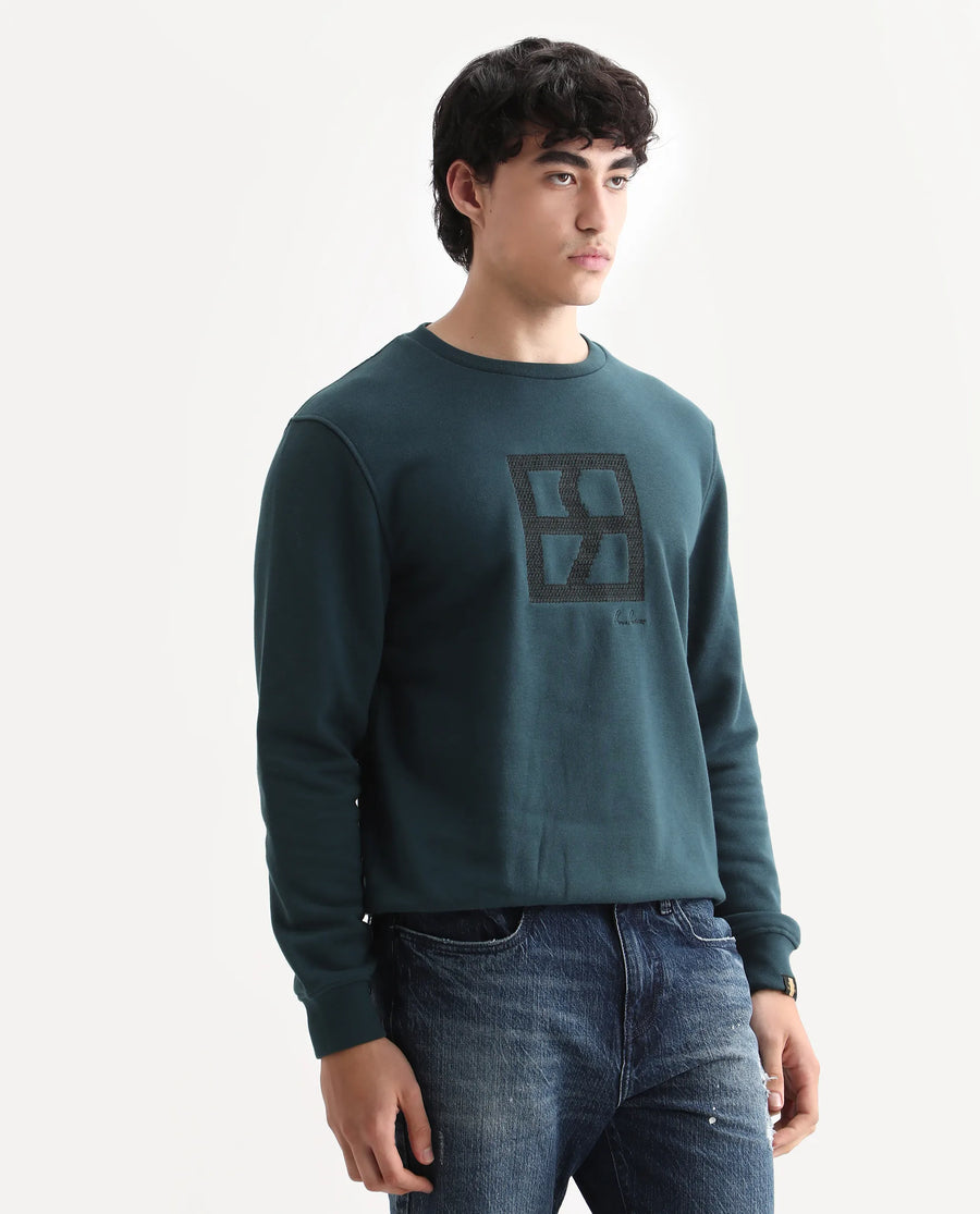 Rare Rabbit Men's Arnold Teal Cotton Embroidered Regular Fit Full Sleeve Crew Neck Sweatshirt