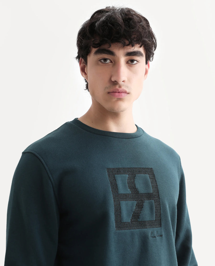 Rare Rabbit Men's Arnold Teal Cotton Embroidered Regular Fit Full Sleeve Crew Neck Sweatshirt