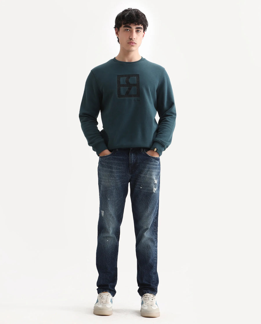 Rare Rabbit Men's Arnold Teal Cotton Embroidered Regular Fit Full Sleeve Crew Neck Sweatshirt