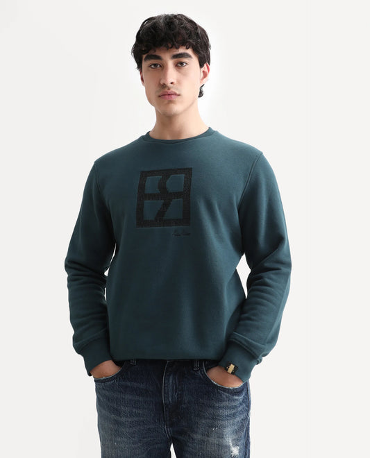 Rare Rabbit Men's Arnold Teal Cotton Embroidered Regular Fit Full Sleeve Crew Neck Sweatshirt