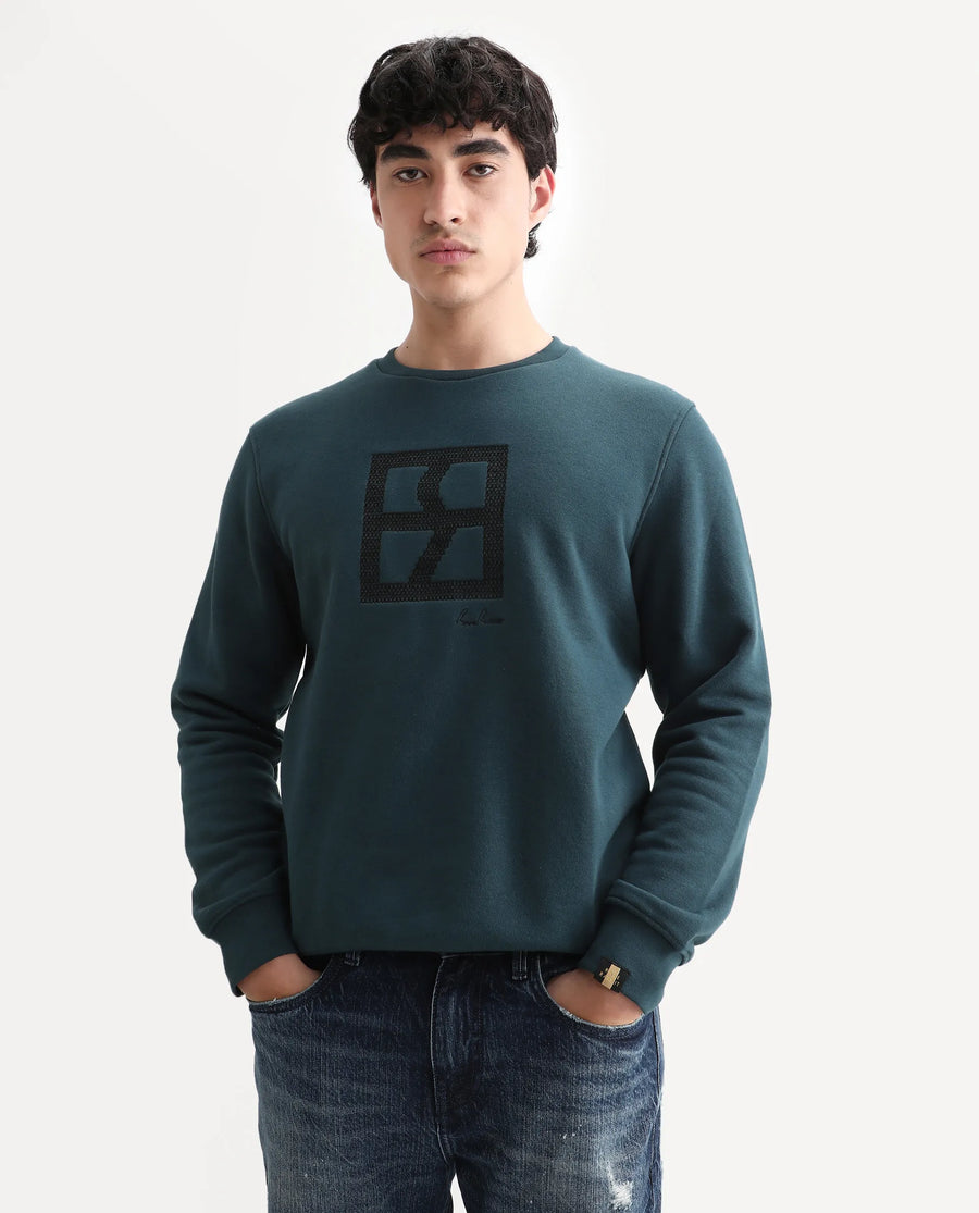 Rare Rabbit Men's Arnold Teal Cotton Embroidered Regular Fit Full Sleeve Crew Neck Sweatshirt