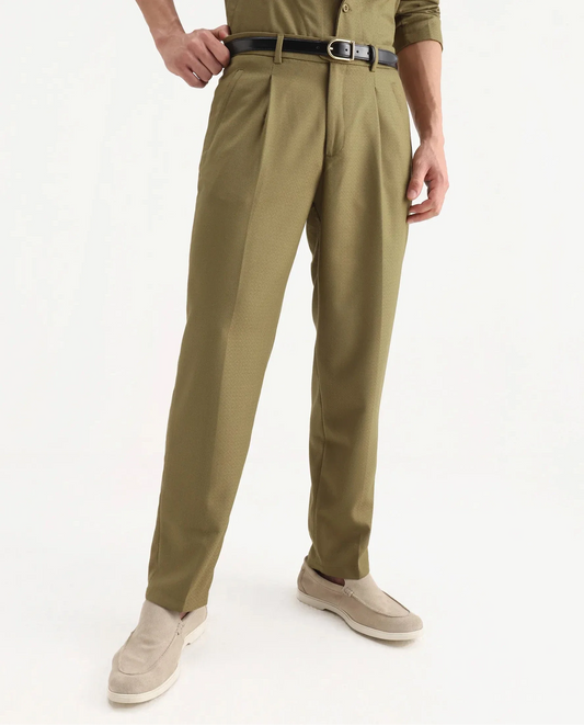 Rare Rabbit Men's Aront B Olive Polyester Blend Plain Relaxed Fit Trouser