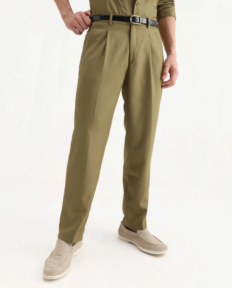 Rare Rabbit Men's Aront B Olive Polyester Blend Plain Relaxed Fit Trouser