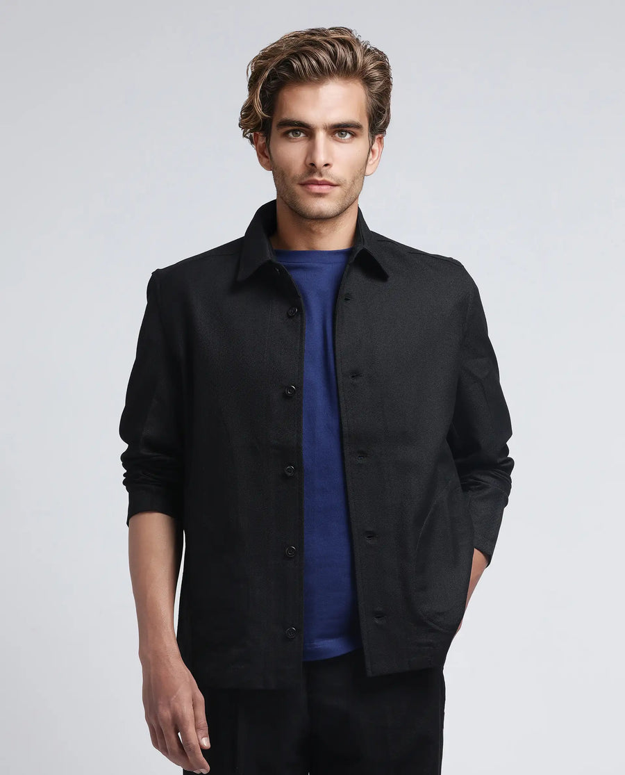Rare Rabbit Men's Aront Black Polyester Plain Relaxed Fit Full Sleeve Spread Collar Jacket